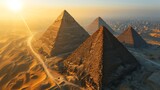 Generative AI Grand pyramids, drone's perspective, sun on horizon, vast sandy terrain, immersive and detailed sunset over Egyp