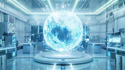 Wall Mural - Data and energy glowing globe inside a white futuristic high tech laboratory. Artificial intelligence and advanced technology concept.