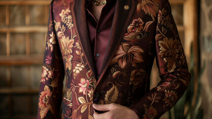 A tailored suit with a sophisticated floral and botanical print in shades of burgundy and gold exudes luxury and elegance. Paired with a silk blouse and statement jewelry