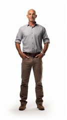 Poster - Generative AI Middle-aged male engineer with blueprints, smiling slightly, confident stance, full-height view on a white backdrop