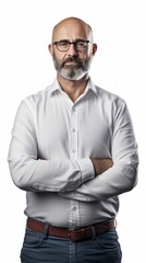 Poster - Generative AI Middle-aged male journalist with a notepad, slight smile, professional demeanor, full-body view on a white backdrop