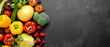 There is a lot of fruits and vegetables on the table, web banner for store or market with copy space