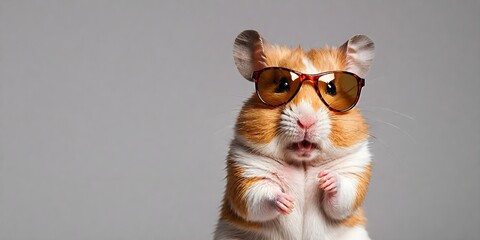 Wall Mural - Portrait of a joyful jumping hamster in sunglasses against a light background. Promotional banner with copy space. Creative animal concept.