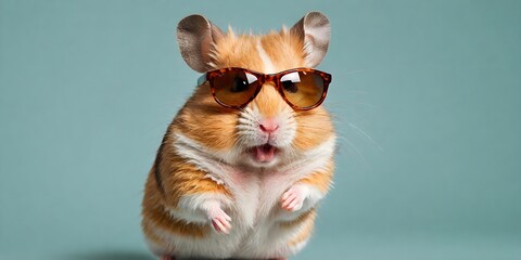 Wall Mural - Portrait of a joyful jumping hamster in sunglasses against a light background. Promotional banner with copy space. Creative animal concept.