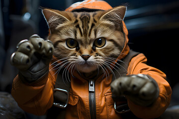 Cute bengal cat in an orange jacket with a hood.