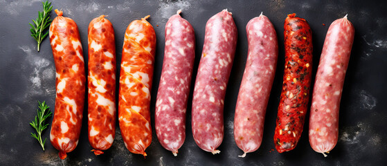 a bunch of different types of sausages are lined up in a row on a table