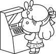 a vector of a girl on an ATM machine in black and white coloring