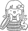 a vector of a rich girl with big coins in black and white coloring