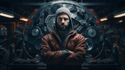 Poster - Generative AI Portrait of an auto mechanic holding a timing belt, explaining maintenance, expertise demonstrated in a workshop