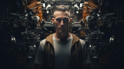 Poster - Generative AI Portrait of an auto mechanic with engine parts, conducting diagnostics, showcasing technical skills in a garage setting