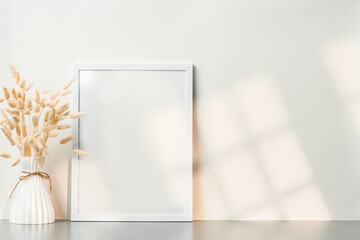 Wall Mural - Blank picture frame and dried flower in a vase on white background