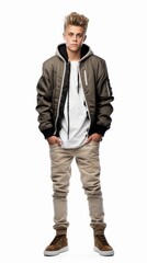 Poster - Stock image of a teenage boy in fashion-forward attire on a white backdrop Generative AI