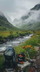 Wall Mural - A backpack sitting on a rock next to a river