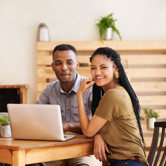 Poster - Woman, man and teamwork with laptop in coffee shop for startup or research, project planning or collaboration. Friends, smile and internet in cafe with digital connectivity, proposal or remote work