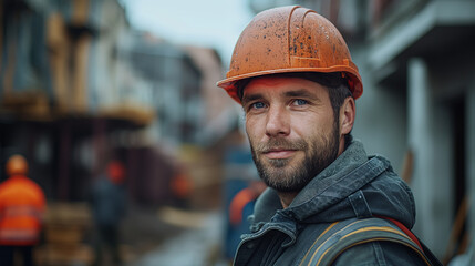 Portrait of a ma in uniform and helmet on the building background, concept of civil engineering