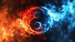 Yin and Yang symbol in blue and red fire on a black background wallpaper
