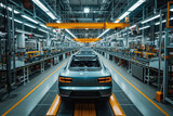 Fototapeta Uliczki - Automotive assembly line technology of robotic manufacturing, yellow robotic arms work in harmony, meticulously assembling a line of luxury cars, manufacturing, automotive industry innovation
