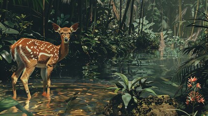 Wall Mural - tropical stream and sika deer