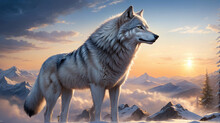 Silver Wolf In The Snow With Mountain Background Illustration Generative Ai 