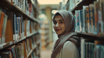 Muslim female student standing and smiling in the library