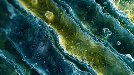 Wall Mural - Abstract Microscopic View with Bubbles in Blue and Green Tones for Science and Biology Concepts