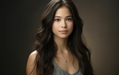 A multiracial woman with long dark hair striking a pose for a photograph