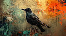 Crow On A Perch In Vibrant Abstract Art.