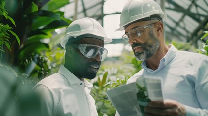 Canvas Print - Engineers examining recycled material samples, dedication to a greener planet.