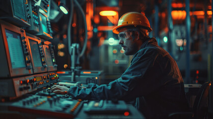 Engineers man programming machines to process recycled plastic materials efficiently on the control room background.