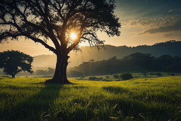 World environment day concept Silhouette alone tree on beautiful meadow wallpaper background