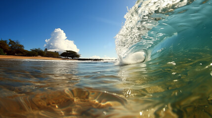 Wave crashing on the beach on a sunny day