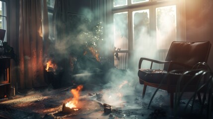 Wall Mural - Fire inside the house. Burning room. Interior and furniture in flames. Smoke, fire and soot