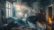 © Vladimir - Fire inside the house. Burning room. Interior and furniture in flames. Smoke, fire and soot