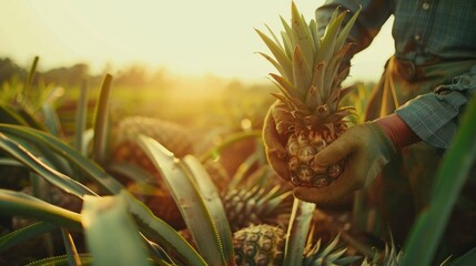 Farmers harvest pineapples on a pineapple farm.