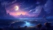 a celestial night sky, filled with stars, nebulae, and a crescent moon casting a soft glow on a tranquil landscape