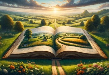 Wall Mural - a giant open book with a picturesque rural road winding through its pages