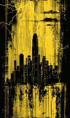 Wall Mural - A yellow and black grunge cityscape with dramatic lightning.