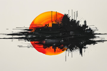 Wall Mural - neon ink blot expressive brush strokes of a sunset