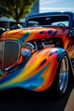A Colorful Hot Rod With Custom Paint And Chrome Detailing Is Parked On The Side Of The Road. The Bright Hues Of The Car Stand Out Against The Backdrop Of The Street