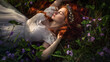Portrait of a Beautiful Woman Sleeping with Flowers