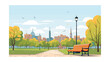 City park with bench, trees and skyscrapers. Vector illustration