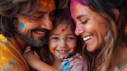 Wall Mural - portrait of family with paint on their face celebrating Holi together in India, Holi Festival of color,  Holi celebration in Nepal or India