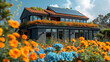 modern home with solar panels attached to the roof, a house with black solar panels during spring with flowers on a sunny day