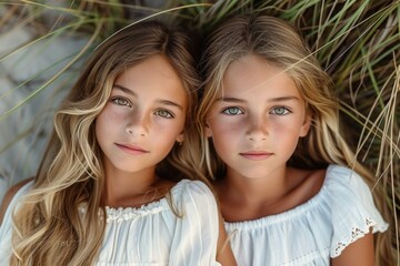 Poster - Two young girls laying on the beach with their eyes closed. Generative AI.