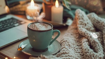 top view of laptop coffee cup and candle on wooden. seamless looping overlay 4k virtual video animation background 