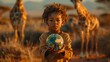 a young boy is holding a globe in front of giraffes in a field