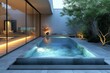 A minimalist and modern swimming pool seamlessly integrated into a backyard, featuring lights along the side.