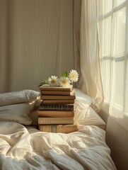 Wall Mural - A stack of books on a bed near a window. Generative AI.