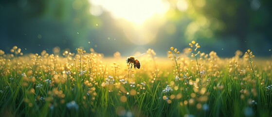 A bee flies through a field of flowers. Generative AI.