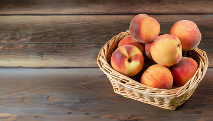 Poster - Fresh peaches in wicker basket on wooden background; copy space; rustic food photography